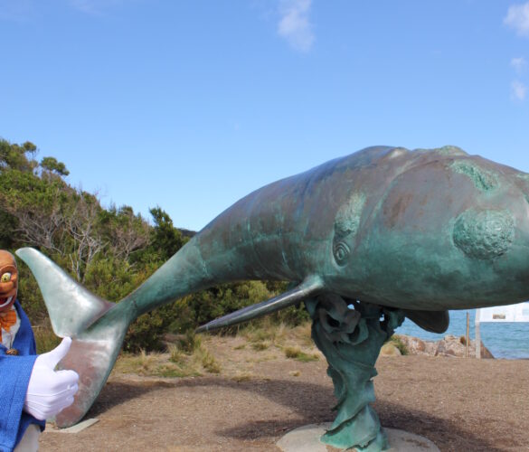 Igor in Cockle Creek in Tasmania in front of the whale sculpture