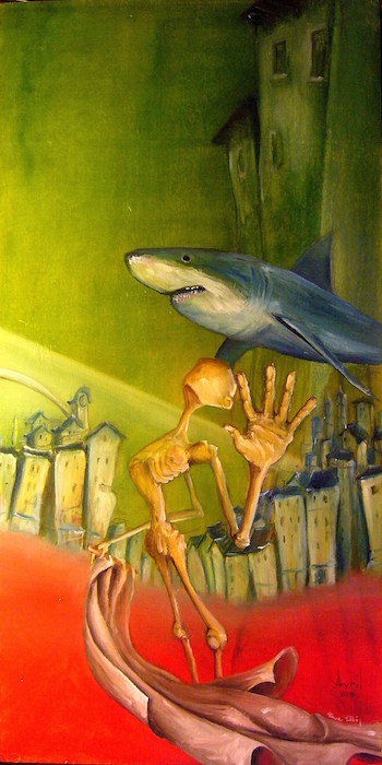 Peinture à l'huile, surréalisme, shark