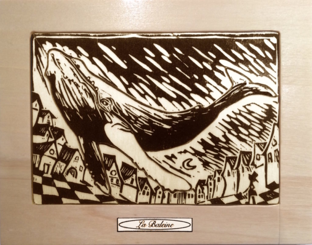 Baleine Whale Linocut Linogravure bois wood puzzle