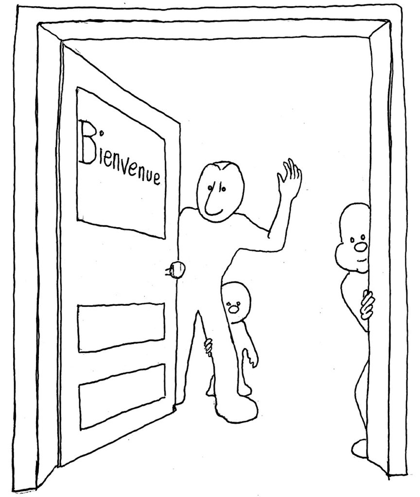 Dessin représentant une porte ouverte sur des masques larvaires souhaitant la bienvenue.