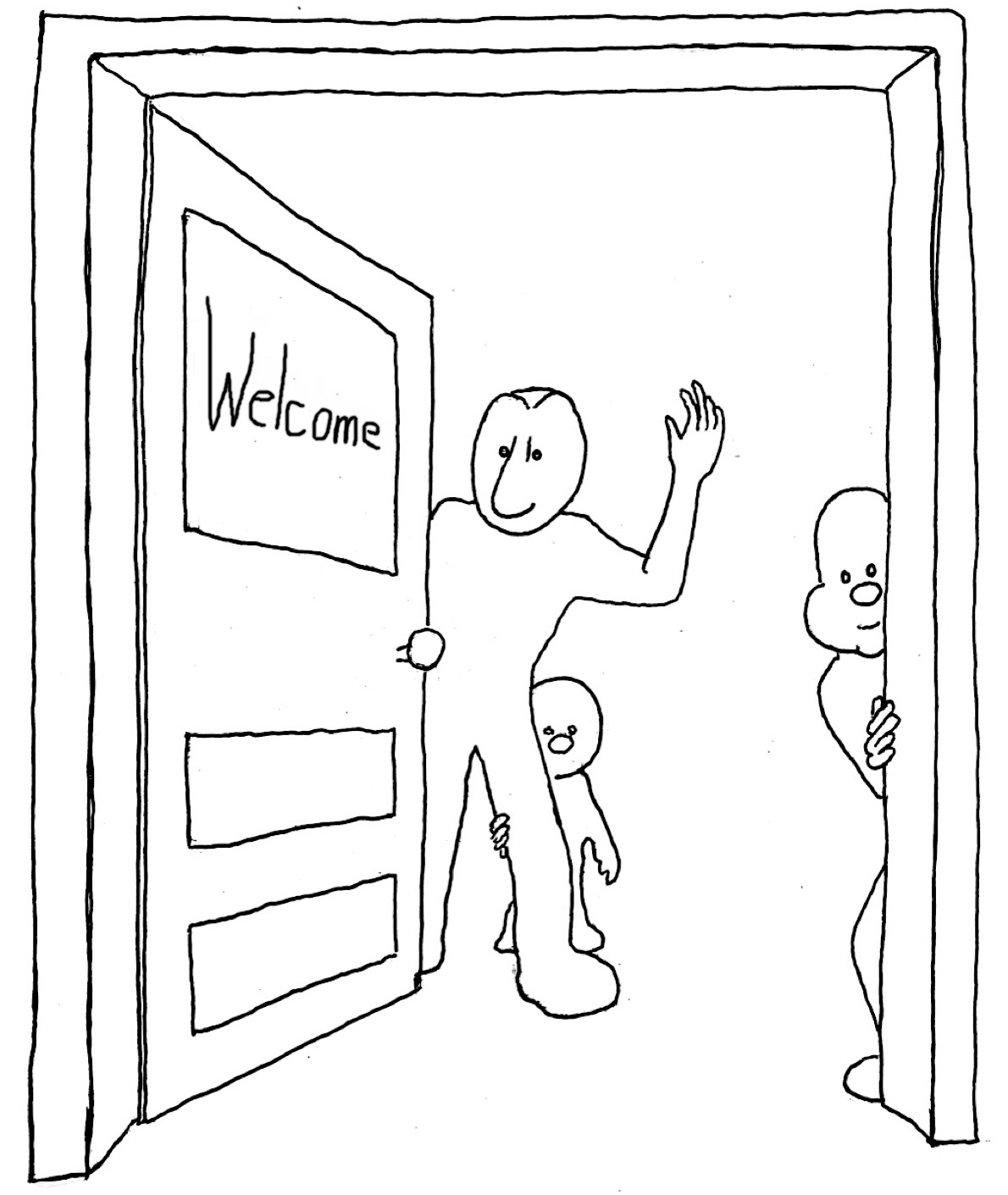 Dessin représentant une porte ouverte sur des masques larvaires souhaitant la bienvenue.